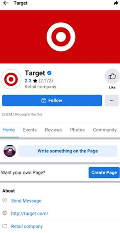 Target Facebook page